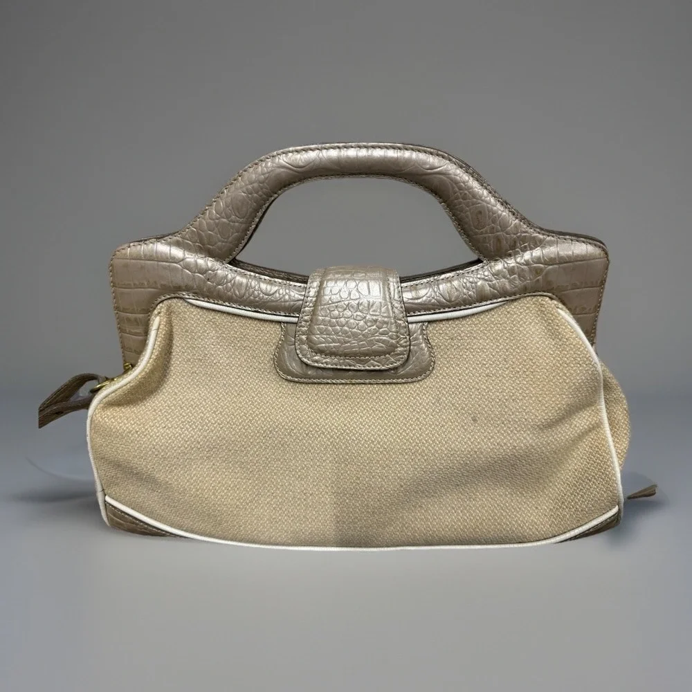 Brahmin Woven Linen Tweed Satchel Oyster Shell Melbourne Purse (Smoke Smell)